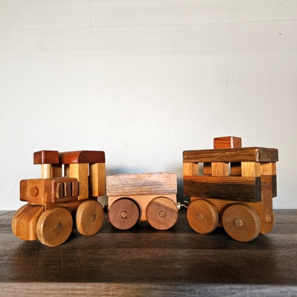 Vintage Handmade Wooden Train Set Pull Toy Rustic Folk Art 16.5" Long